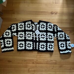 NWT DAVI & DANI Black and White Granny Squares Cardigan S Sweater